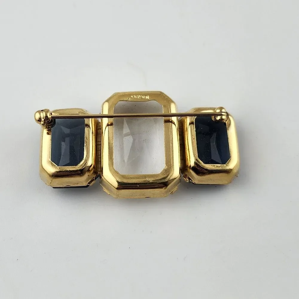 Vintage Gold Tone Avon Clear & Blue Faceted Acrylic Bar Brooch Pin‎
